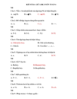 Đề kiểm tra giữa học kì 1 môn Toán 6 (Có đáp án)